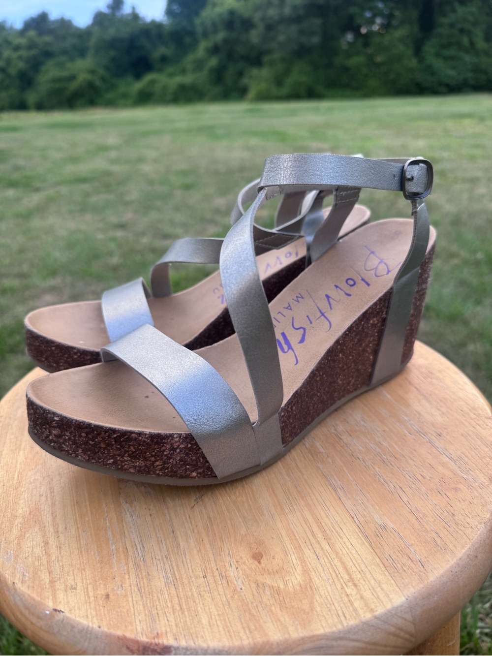 Ladies Blowfish Metallic Pewter Strappy Cork Wedge Sandals